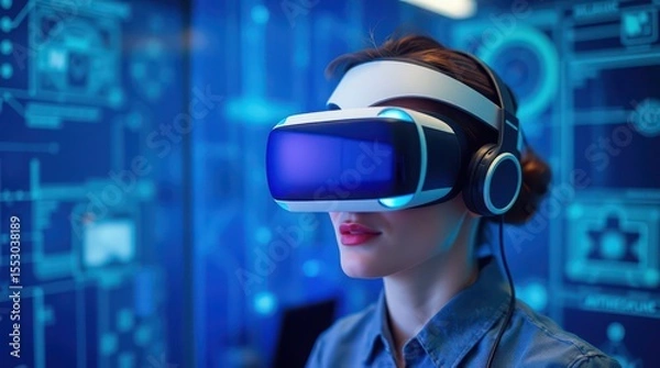 Fototapeta woman wearing goggles for Virtual reality