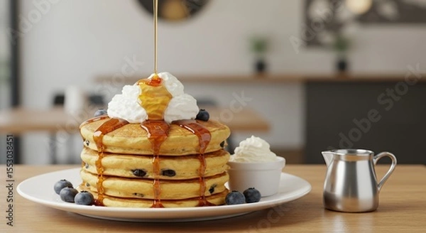 Fototapeta Indulge in a stack of fluffy blueberry pancakes, drizzled with golden syrup and topped with creamy whipped cream.