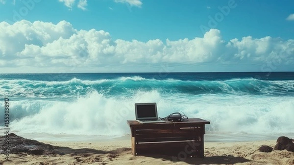 Fototapeta Laptop and Headphones on Beach Desk with Crashing Waves and Cloudy Sky