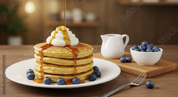 Fototapeta Golden Pancakes Drizzled with Maple Syrup and Fresh Blueberries