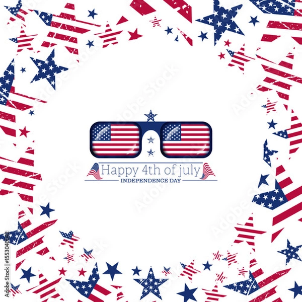 Fototapeta Abstract 3d usa flag frame, rectangle shape sunglasses with american flag, independence day text vector illustration. Travel to usa design to use for 4th july independence day, memorial day projects. 