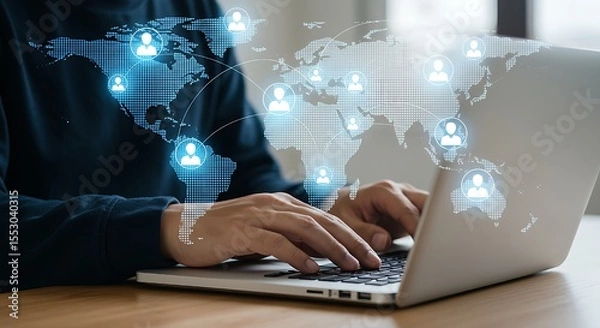 Fototapeta International collaboration network,Global remote collaboration and international teamwork,Modern technology concept with hands typing on a laptop, surrounded by virtual network nodes and a world map.