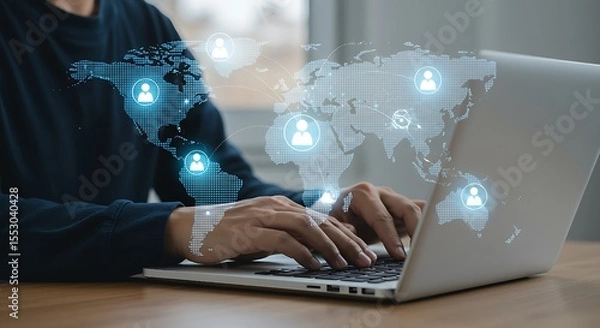 Fototapeta International collaboration network,Global remote collaboration and international teamwork,Modern technology concept with hands typing on a laptop, surrounded by virtual network nodes and a world map.