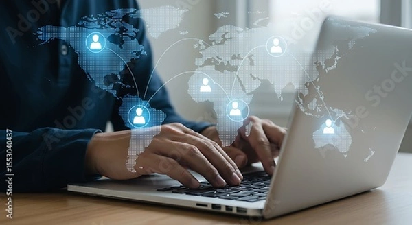 Fototapeta International collaboration network,Global remote collaboration and international teamwork,Modern technology concept with hands typing on a laptop, surrounded by virtual network nodes and a world map.