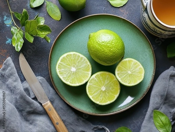 Fototapeta Sliced lime on the green plate with a knife on the side .