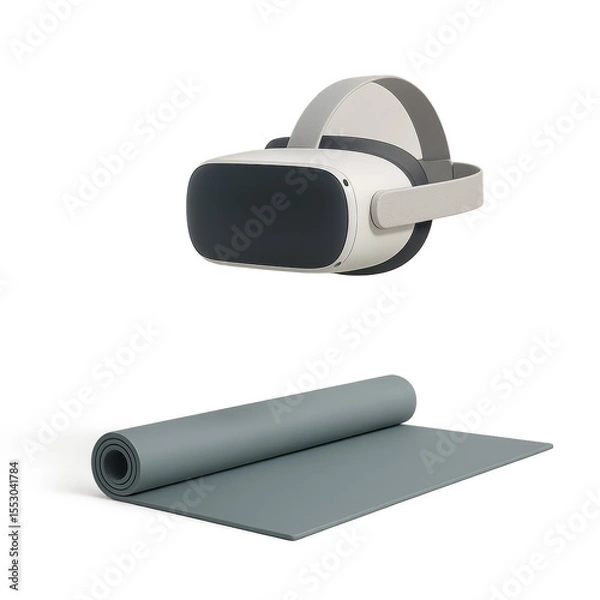 Fototapeta Virtual Reality Yoga Session: A modern VR headset and rolled yoga mat. Representing the fusion of technology with mindfulness for a unique experience