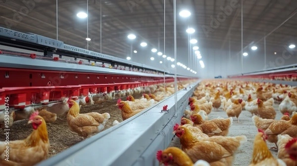 Fototapeta Indoor Chicken Farm with Automated Feeding System and Rows of Hens