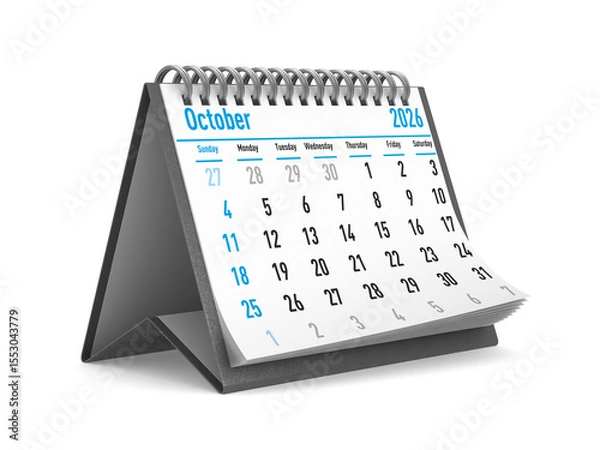 Fototapeta 2026 year. Calendar for October. Isolated 3D illustration
