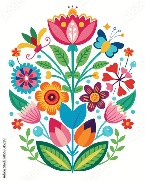 Obraz Colorful floral design with symmetrical botanical elements creates a vibrant, decorative graphic with folk art appeal, ideal for various creative projects.