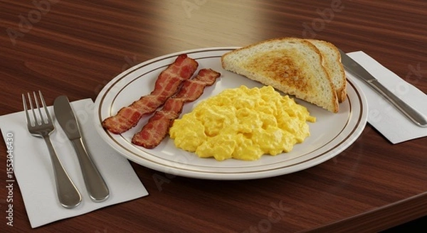 Fototapeta Golden Scrambled Eggs, Crispy Bacon, and Toasted Bread: A Classic Breakfast Delight