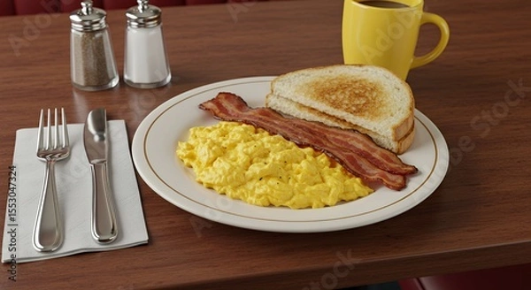 Fototapeta Classic Diner Breakfast: Scrambled Eggs, Bacon, Toast, and Coffee