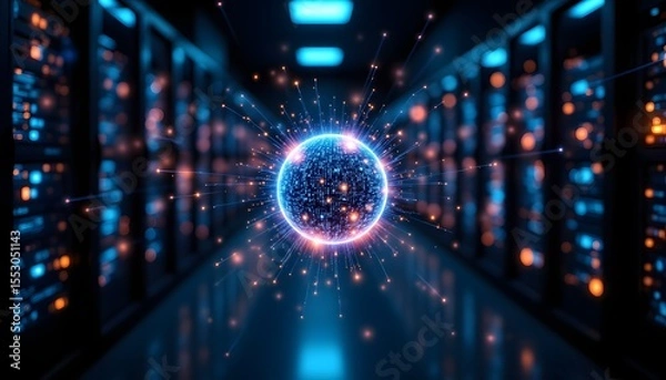Obraz A network of interconnected glowing nodes forming a spherical structure dominates the image, symbolizing global connectivity and data flow