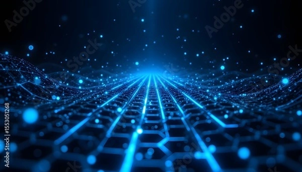 Obraz A complex, interconnected network of luminous blue hexagonal cells forms a dynamic grid that recedes into a deep, almost infinite darkness