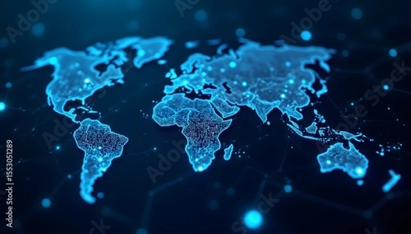 Obraz A network of interconnected glowing lines and points illuminates a dark blue, textured background, resembling a stylized world map