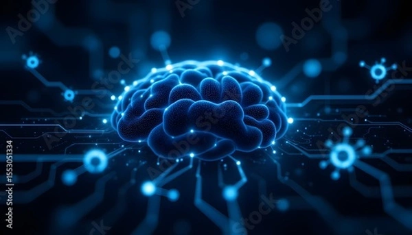 Obraz A complex, interconnected network of glowing nodes and lines resembling a stylized brain or neural network, set against a dark, blurred backdrop hinting at vast data storage servers