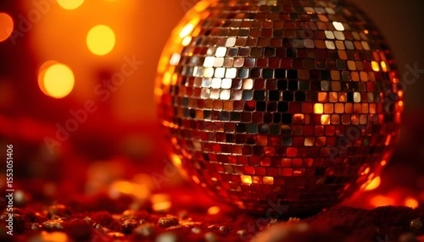 Obraz A high resolution, close up color photograph showcasing a multifaceted disco ball illuminated by a warm, vibrant orange light source