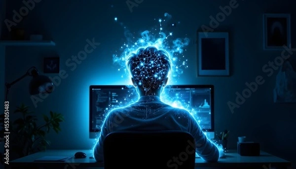 Obraz A person sits in front of a computer screen, illuminated by its glow