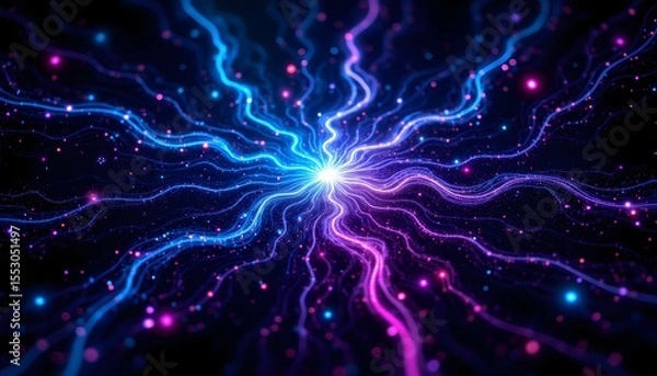 Obraz Intricate, computer generated patterns resembling a stylized, glowing nebula, showcasing vibrant hues of blue, purple, and pink interwoven with threads of light against a deep black backdrop