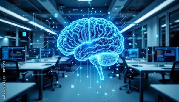 Obraz A complex, layered brain illustration, rendered in a blueprint style with circuit like patterns, is superimposed onto a bright, modern office space