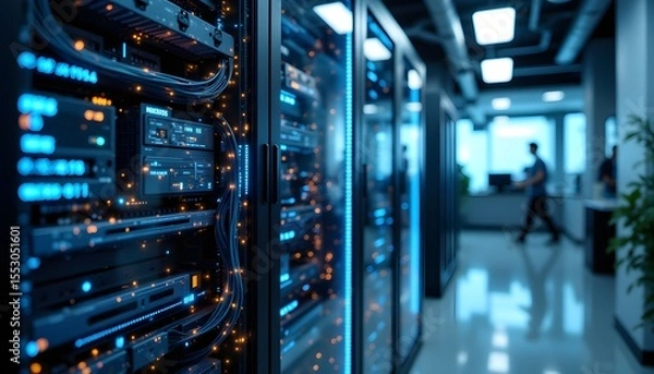 Obraz A brightly lit office space features a network server rack with blinking LED lights, intertwined cables, and cooling fans, symbolizing data processing and network infrastructure
