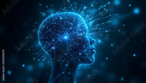 Obraz A photorealistic close up of a translucent, geometric human head formed from interwoven light beams and shimmering digital particles