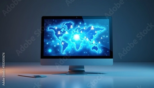 Obraz A sleek, modern desktop computer sits on a clean surface, its screen displaying a vibrant, layered hologram