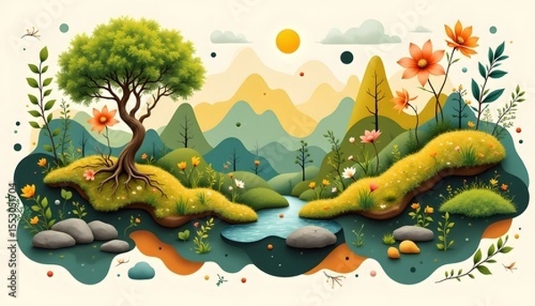 Obraz A swirling composition of organic shapes and botanical elements. The color palette is a vibrant mix of greens, yellows, and earthy browns, creating a sense of natural harmony