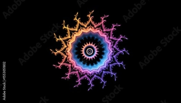 Obraz An intricate, spiraling fractal design bursts forth against a stark black backdrop, its delicate tendrils radiating outwards like an ethereal explosion