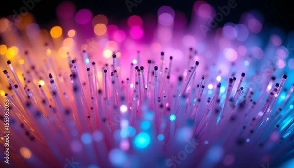 Obraz A close up shot reveals a dense cluster of illuminated optical fibers, their polished ends emitting a soft, ethereal glow in a variety of pastel colors