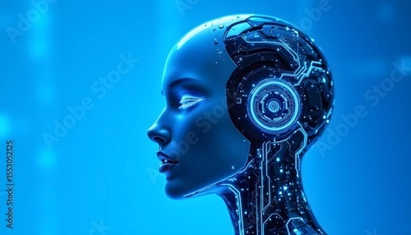 Obraz A sleek, chrome plated skullcap rests against a vibrant blue backdrop, seamlessly merging with a network of glowing, fiber optic strands that trace along the contours of a humanoid face