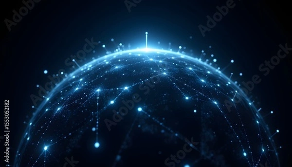 Obraz A network of illuminated pathways arcs across a spherical representation of the planet, suggesting interconnectedness and global data flow