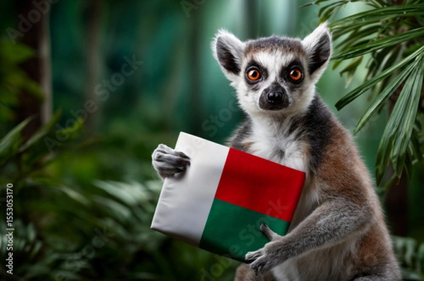 Obraz Lemur with the Madagascan flag in paws on jungle background. National symbol and patriotic decor concept. For Madagascar Day, Flag day. Funny animal for banner, poster, card