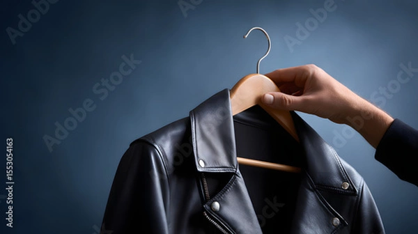 Fototapeta Smooth arm reaching from below holding a black leather jacket on a wide wooden hanger, deep pastel navy background