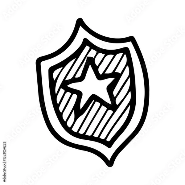 Fototapeta Police badge. Hand drawn doodle vector. Special identification item in the form of a metal shield. Officer number card. Uniform equipment. Illustration line art element.