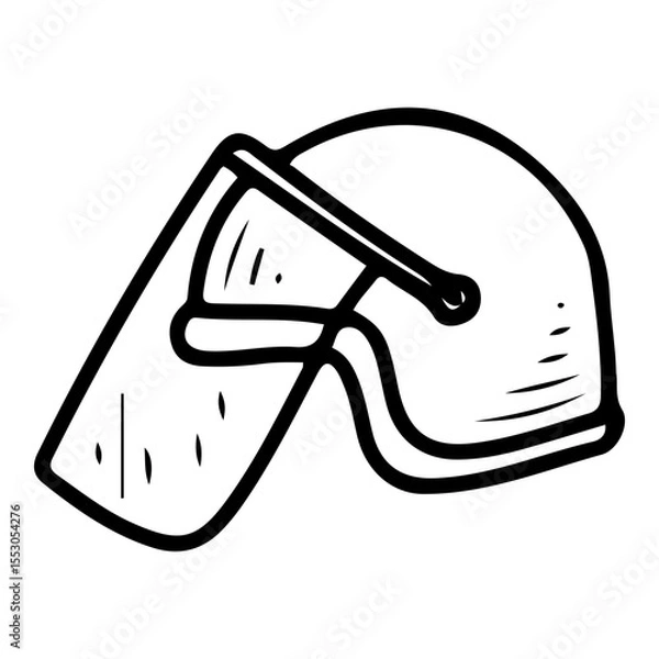 Fototapeta Protective police helmet with shockproof visor. Hand drawn doodle vector. Armor head protection. Riot control officer equipment. Illustration line art element.