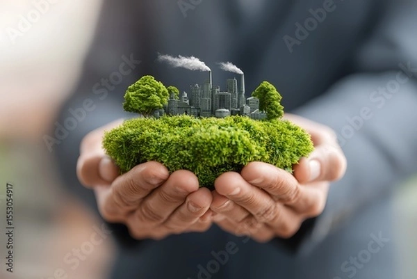 Obraz Sustainable City in Hands Environmental Responsibility.