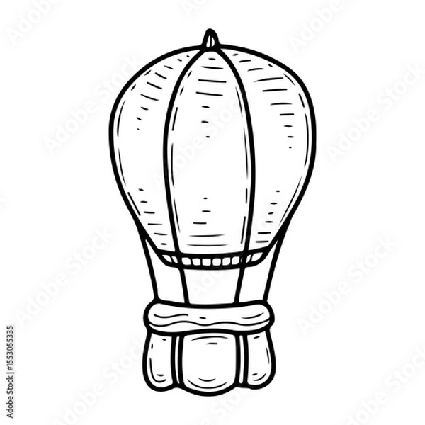 Fototapeta Hot air balloon flying machine. Hand drawn doodle vector. Basket for the flight of the pilot and passengers. Illustration line art element.