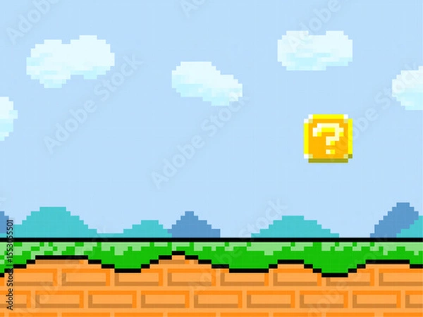 Obraz ロールプレイングゲームのピクセルアートの背景。道とハテナが描いてあるブロック。