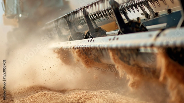 Fototapeta Close-up of a large agricultural combine machine harvesting ripe wheat, visible rotating blades, golden field, flying dust, daylight
