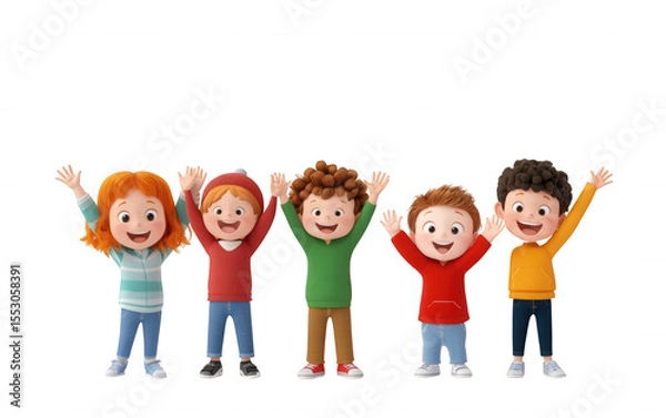 Fototapeta 3d icon cheerful pupils holding hands, isolated on background, for Isolated educational projects. ideal transparent png