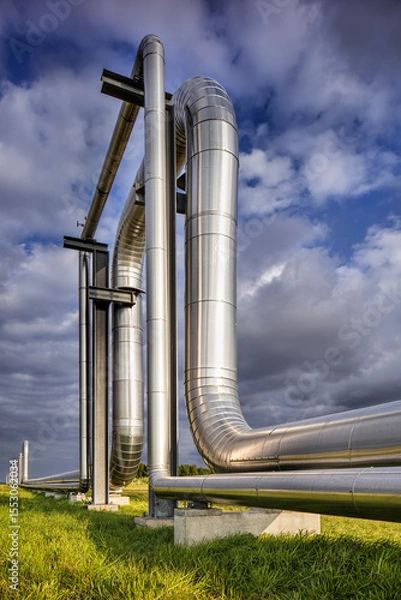 Obraz Massive shiny pipeline with dramatic clouds in industrial area 