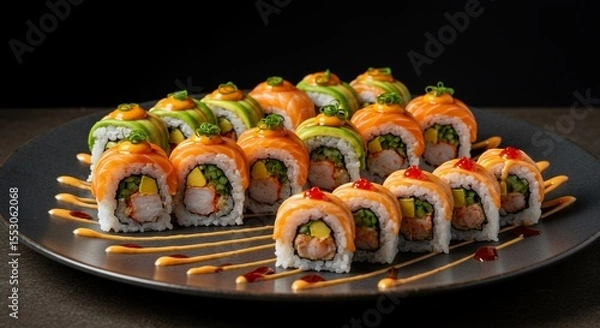 Fototapeta Indulge in the vibrant colors and flavors of this exquisite sushi platter, a culinary masterpiece.