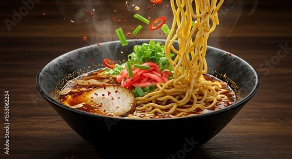 Fototapeta Spicy Ramen Noodles Exploding with Flavor in a Dark Bowl