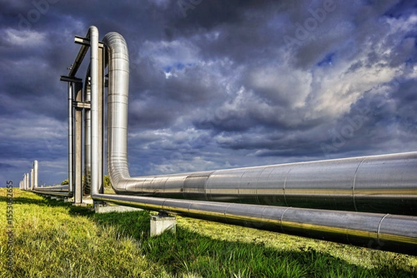 Obraz Massive shiny pipeline with dramatic clouds in industrial area 
