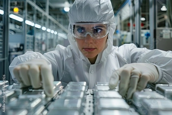 Fototapeta Female engineer inspecting battery cells on an assembly line in high-tech factory