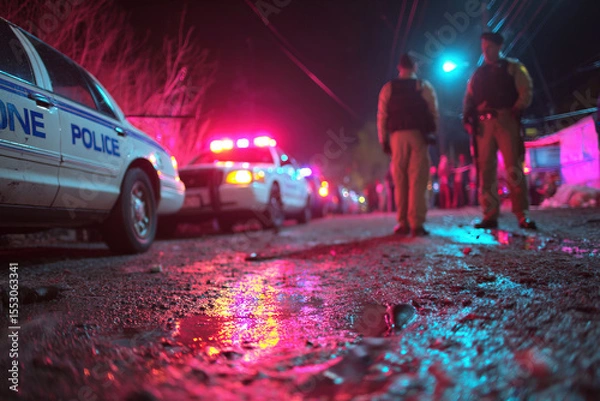 Obraz Police officers respond to a crime scene with flashing lights and barricades under night sky