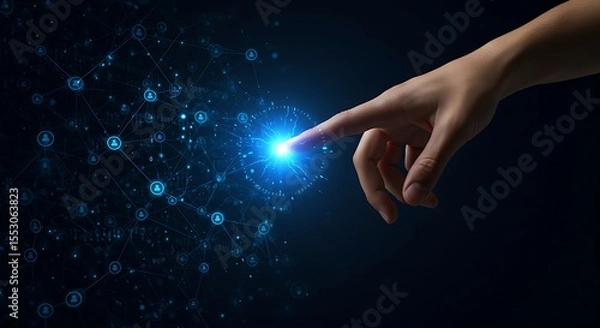 Fototapeta Binary data transfer. Connect internet network between application,Data integration system,fingertip connects with a dynamic network interface, representing futuristic interaction