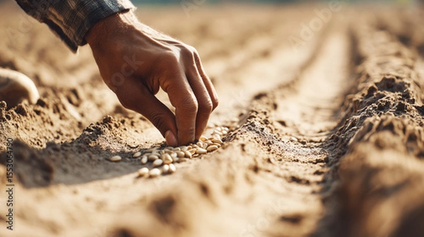 Fototapeta Close-up of a hand planting grain seeds into freshly prepared furrows in the soil, earthy tones, soft daylight, early planting season, farming activity
