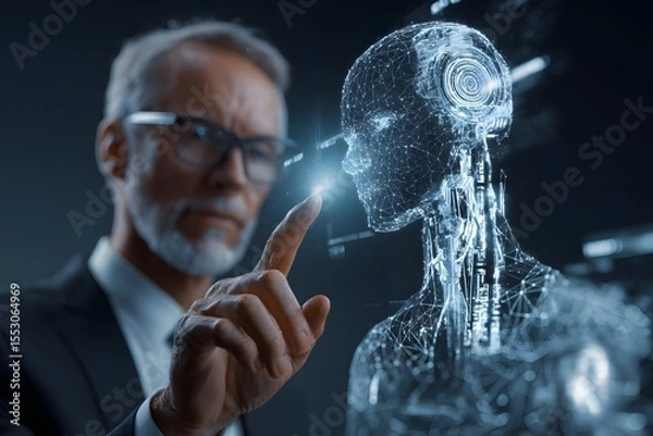 Obraz Senior Man Interacting with Holographic AI.