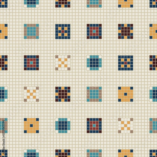 Fototapeta Vibrant pixel art mosaic seamless pattern, geometric design. Traditional tilework through decorative square elements, vector background